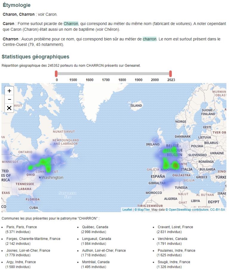 Un aperçu du résultat obtenu quelques secondes après avoir fait une recherche dans Geneanet. Geneanet généalogie nom famille charron aperçu