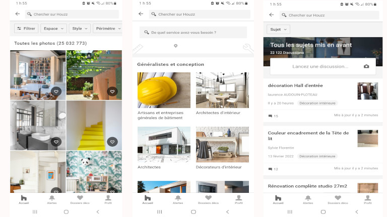 On retrouve plus de 25 000 000 d'idées de décoration sur l'appli Houzz! onglets application houzz téléphone android ios redécorer maison appartement