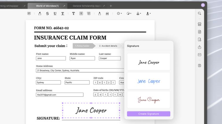 aper&ccedil;u de l'outil de signature et de remplissage de documents de UPFDF