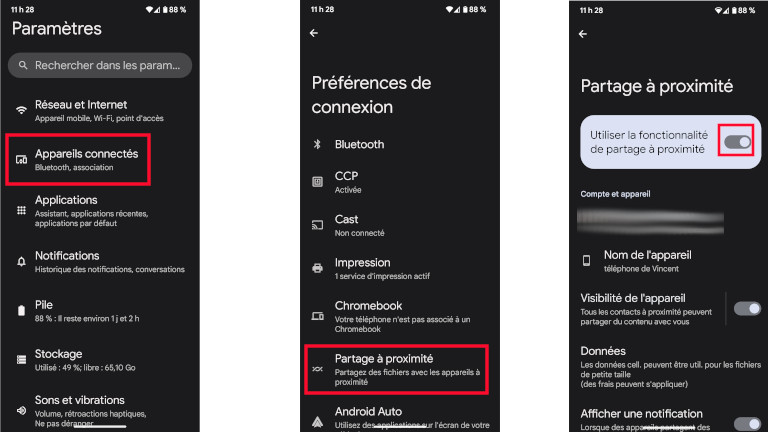 Activer partage &agrave; proximit&eacute; Android