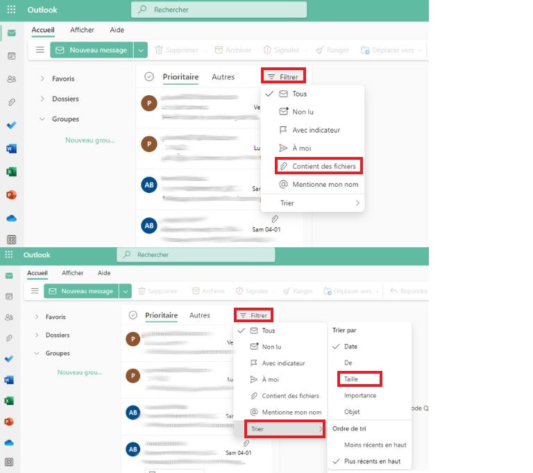 comment trier courriels par poids et pi&egrave;ces jointes