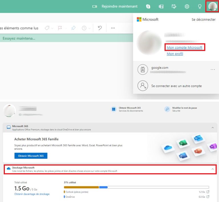 comment v&eacute;rifier stockage Microsoft via compte