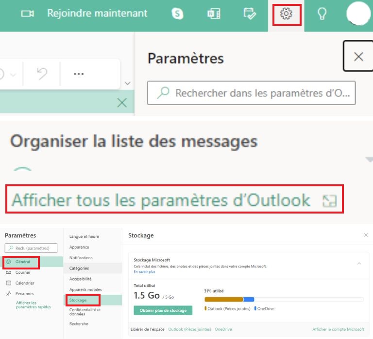 comment v&eacute;rifier stockage Microsoft via param&egrave;tres