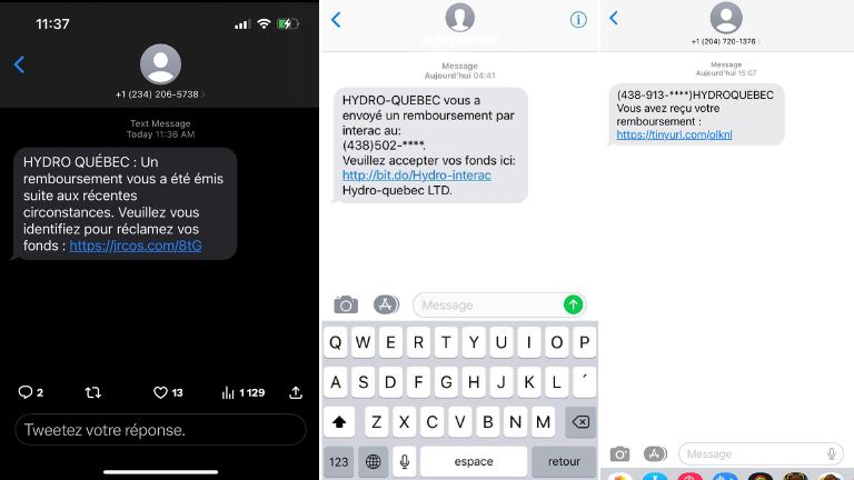 Toutes les fois, on nous informe d’un remboursement quelconque de « la part d’Hydro-Québec ». exemple de trois fraudes hydro-québec