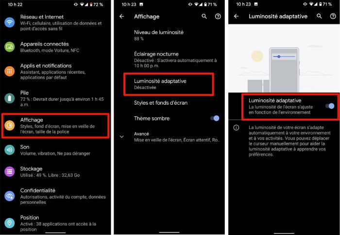 Android luminosit&eacute; adaptive