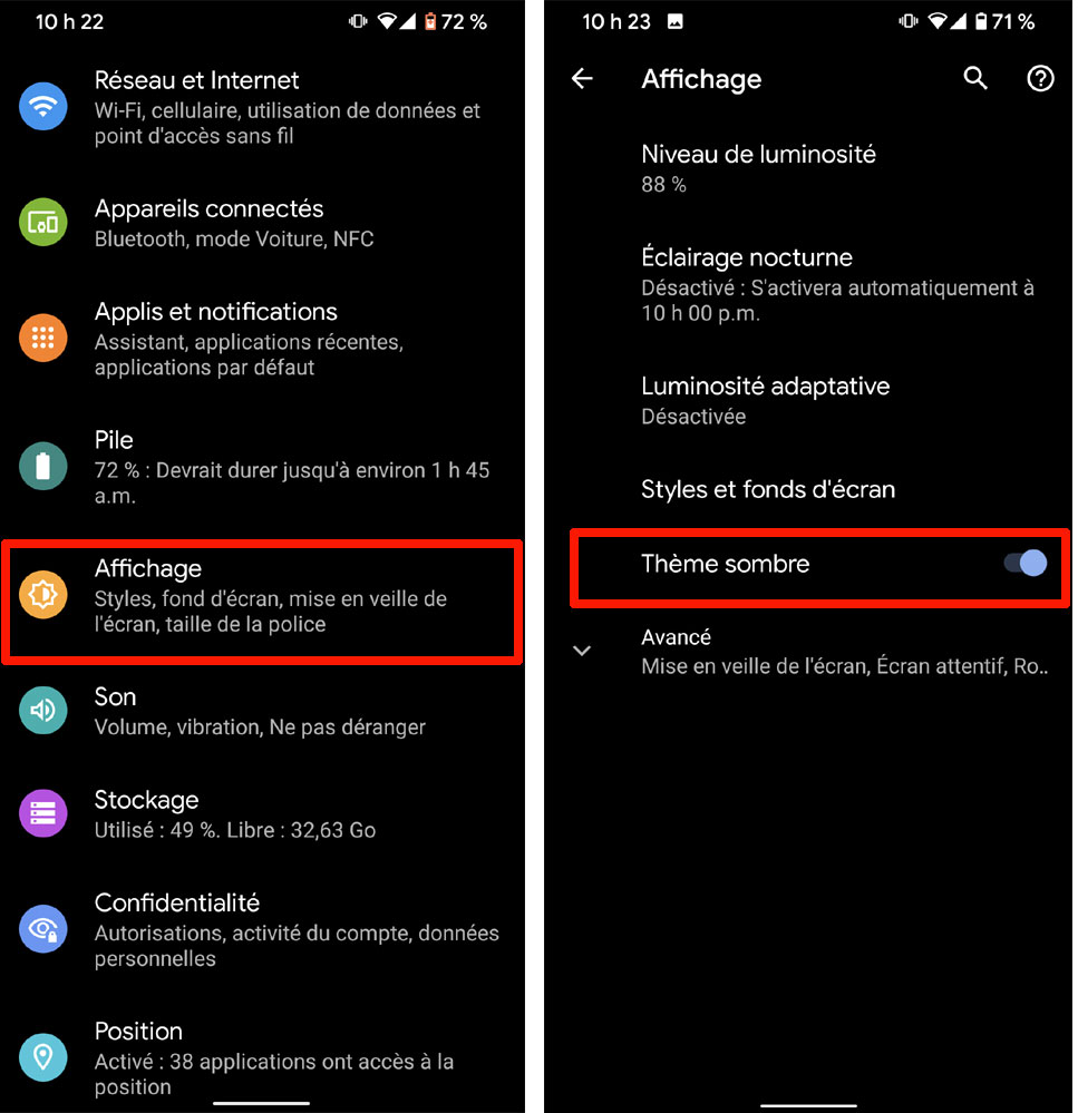 Android 10 th&egrave;me sombre t&eacute;l&eacute;phone