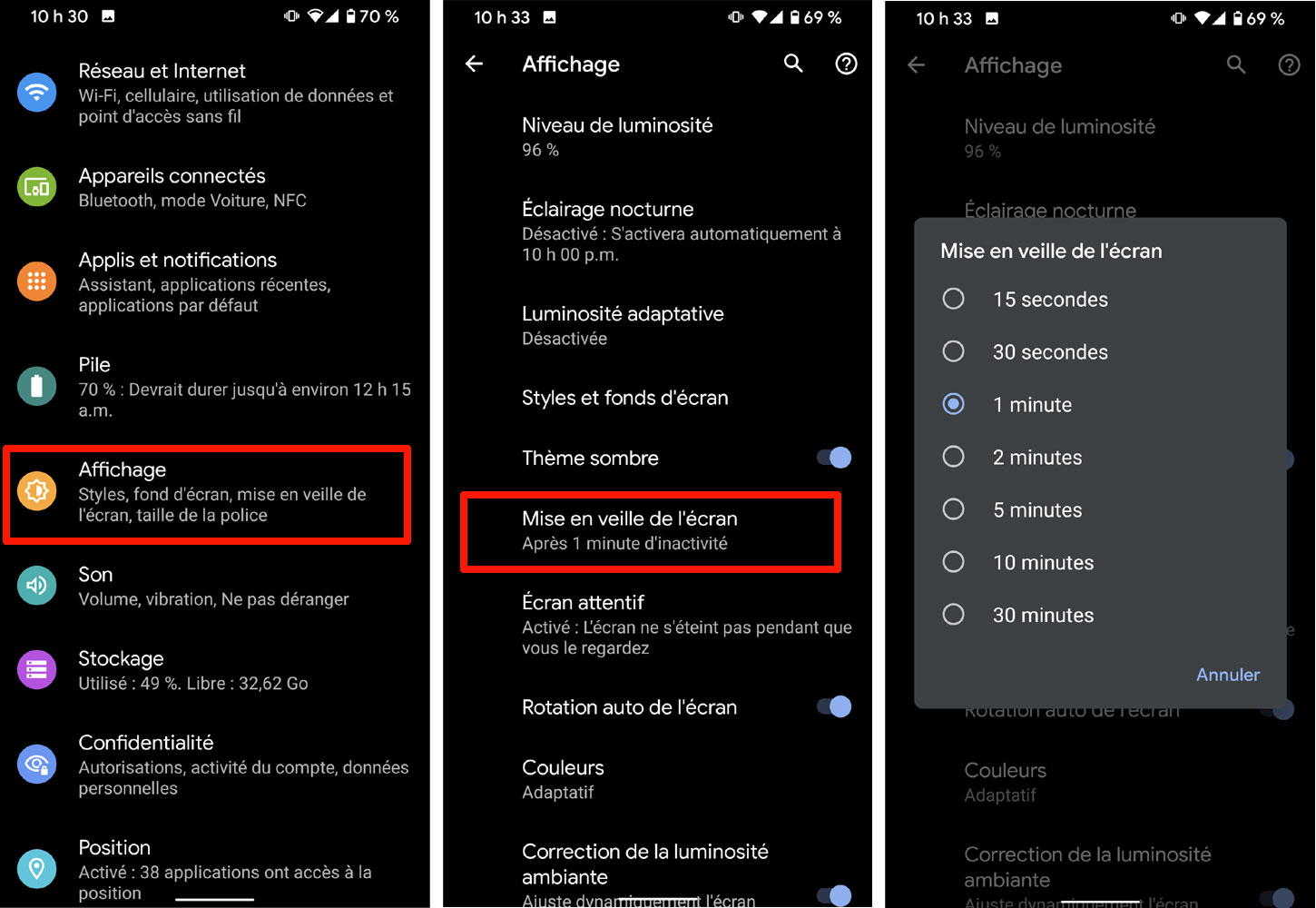 Android veille &eacute;cran t&eacute;l&eacute;phone