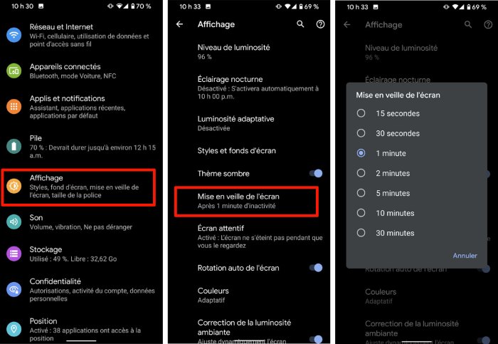 Android veille &eacute;cran t&eacute;l&eacute;phone