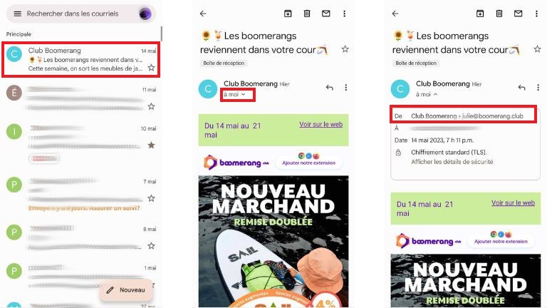 La marche à suivre pour vérifier l'adresse du destinataire sur Gmail pour Android. aperçu comment afficher adresse destinataire Gmail Android