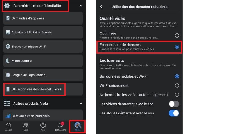 La marche à suivre pour activer l’option d’économie de données sur un iPhone ou un iPad. aperçu comment réduire qualité vidéos facebook iOS