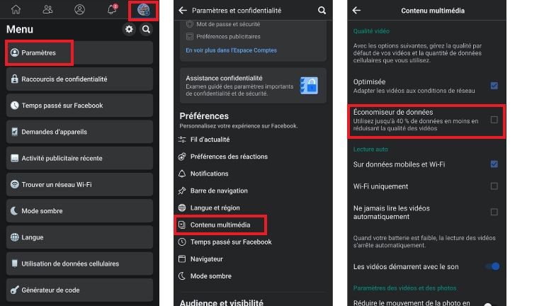 La marche à suivre pour activer l’option d’économie de données sur un téléphone ou une tablette. aperçu comment réduire sa quantité de données mobiles sur Facebook