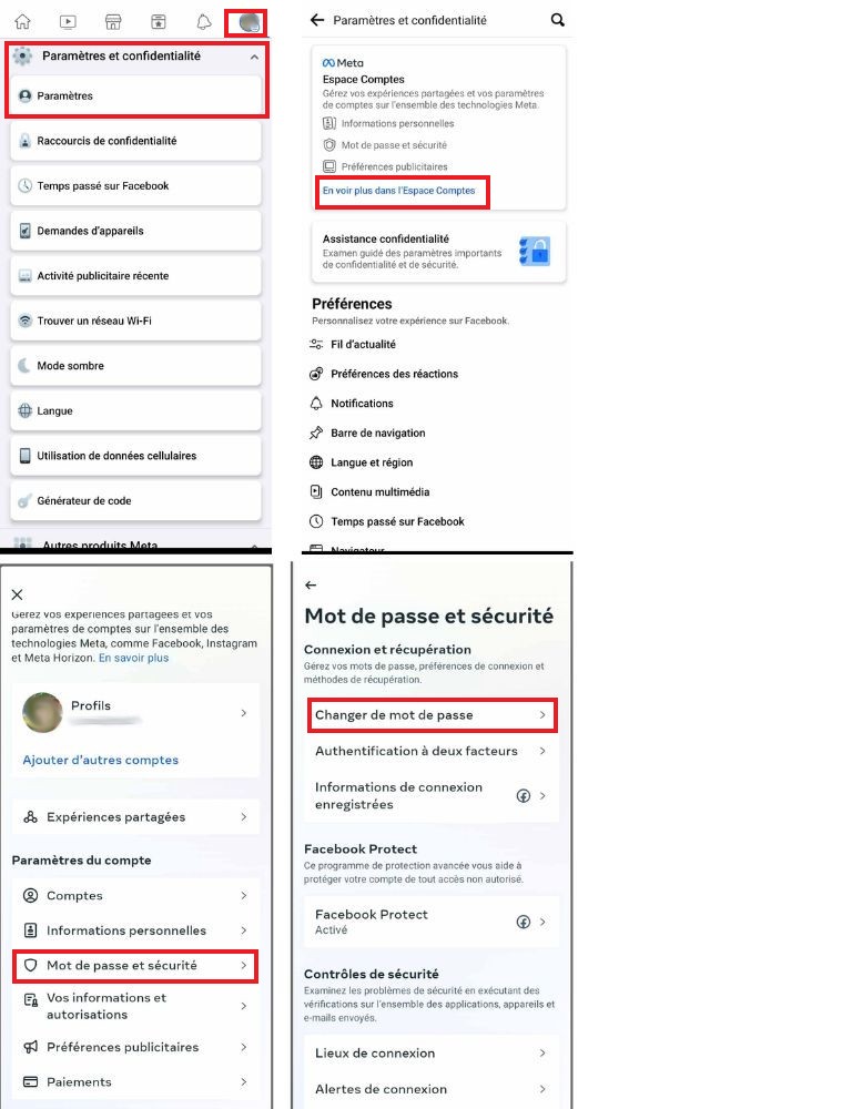 La marche à suivre pour changer son mot de passe depuis l'app Facebook pour Android comment changer mot de passe facebook android