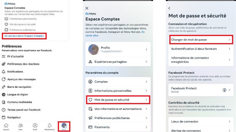 La marche à suivre pour changer son mot de passe depuis l'app Facebook pour iOS et iPadOS. comment changer mot de passe facebook iOS