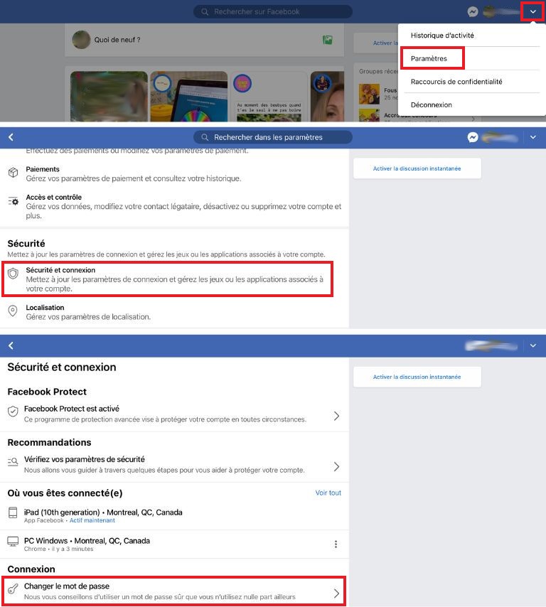 La marche à suivre pour changer son mot de passe depuis l'app Facebook pour iPadOS. comment changer mot de passe facebook iPadOS