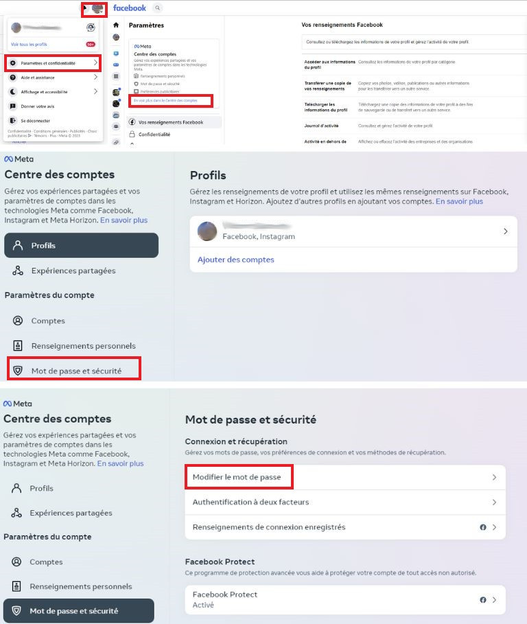 La marche à suivre pour changer son mot de passe depuis le site de Facebook sur ordinateur. comment changer mot de passe facebook par ordinateur