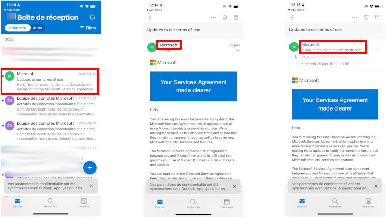 La marche à suivre pour vérifier l'adresse du destinataire sur Outlook sur iOS. comment regarder adresse expéditeur Outlook iOS