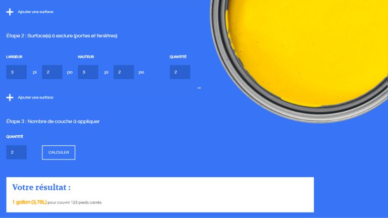 Un aperçu de comment l'outil calcul la quantité de peinture que l'on a besoin. aperçu outil estimation peinture eco-peinture