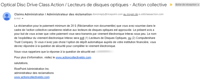 aper&ccedil;u du premier courriel action collective lecteurs optiques
