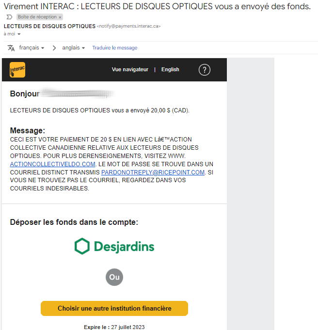 Voici à quoi ressemble le 2e courriel pour obtenir notre rembourssement pour le recours collectif des piles au lithium-ion. aperçu du courriel de remboursement action collective lecteurs optiques