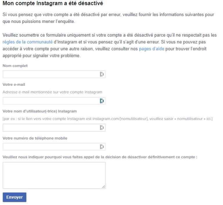 Un aperçu du formulaire d'examen à remplir si on perd l'accès à notre compte Instagram. aperçu formulaire à remplir perte instagram