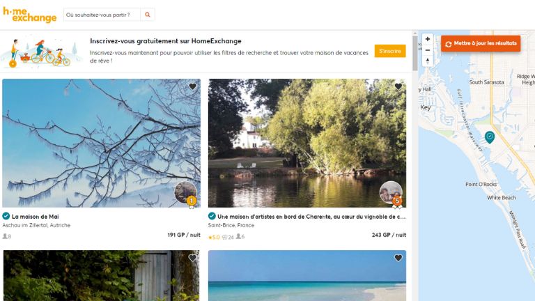 On navigue sur le site de HomeExchange un peu comme on naviguerait sur le site d'Airbnb ou de Vrbo. aperçu de l'interface d'homeexchange