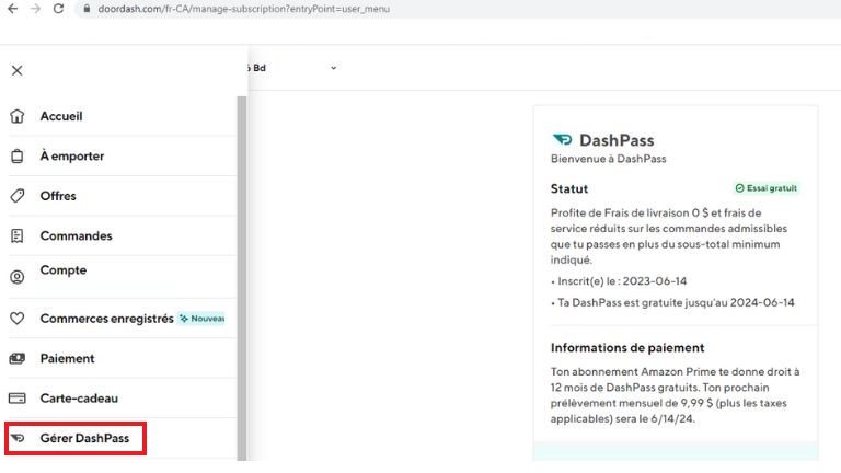 Doordash paramètres DashPass