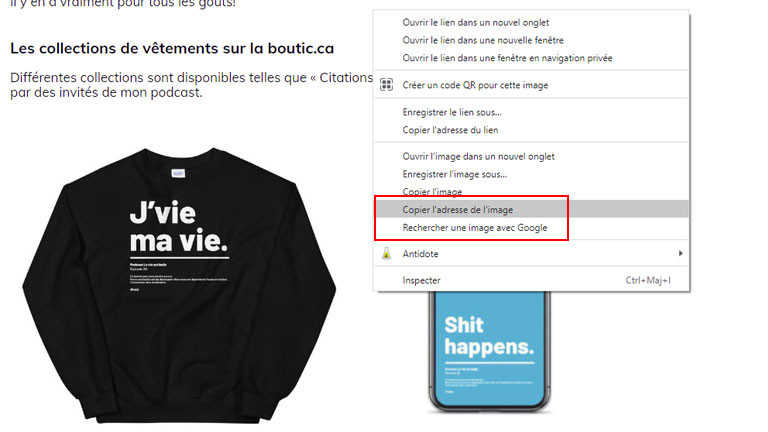 aper&ccedil;u copier adresse image site web vers google photos