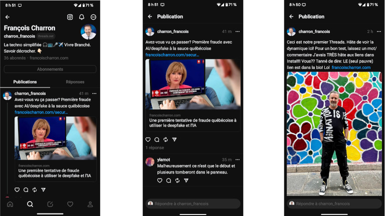 Voici à quoi ressemblent les publications sur Threads de Meta. Meta Threads François Charron
