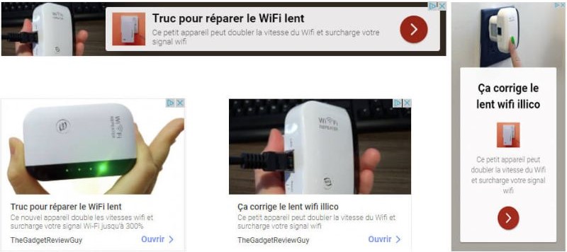Un exemple de publicités de Wi-Fi Booster aperçues sur le web. exemple de publicités Wifi Booster