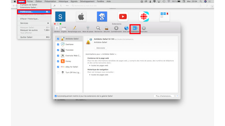 Voici où aller sur le navigateur Safari d'Apple pour ordinateur afin de gérer les extensions. Gérer extension navigateur Safari d'Apple