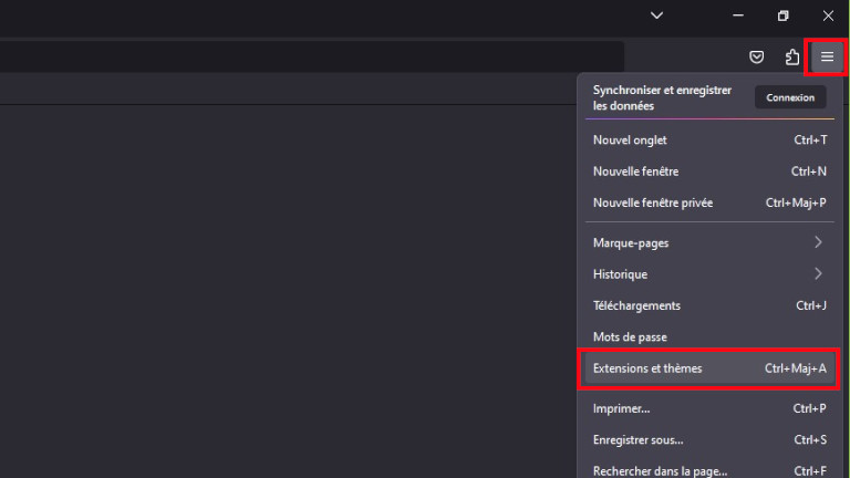 Voici où aller sur le navigateur Firefox pour ordinateur afin de gérer les extensions. Gestion extensions navigateur web Firefox