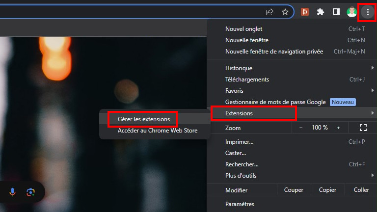 Voici où aller sur le navigateur Google Chrome pour orindateur afin de gérer les extensions. Gérer extension Google CHrome