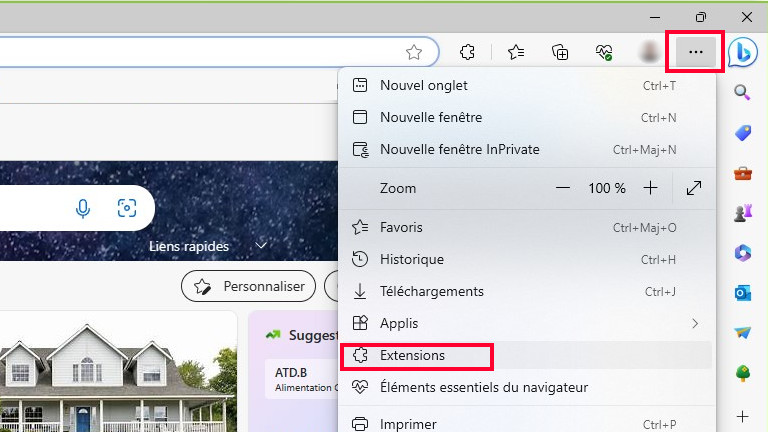 Voici où aller sur le navigateur Microsoft Edge pour ordinateur afin de gérer les extensions. Gestion extension navigateur web Microsoft Edge