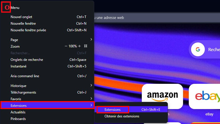 Voici où aller sur le navigateur Opera pour ordinateur afin de gérer les extensions. Gestion extension navigateur web Opera