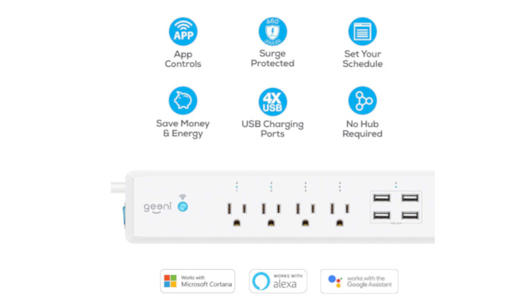 La barre d'alimentation Geeni offre 4 prises nomales et 4 prises USB Barre alimentation intelligente Geeni Alexa Cortana Google Assistant