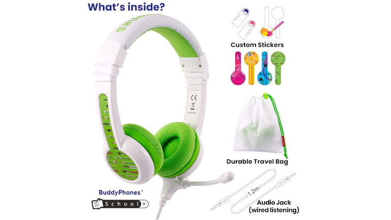 Les BuddyPhones School+ viennent avec des autocollants, un sac de transports et un câble audio 3.5mm. BuddyPhones School+ écouteurs enfants école