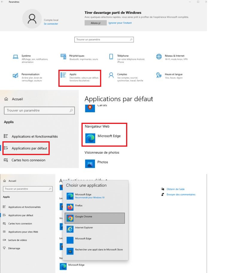 aper&ccedil;u d&eacute;finir Chrome navigateur d&eacute;faut Windows 10