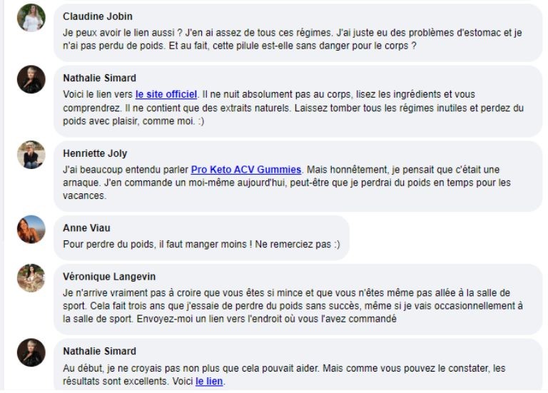 Un aperçu des faux commentaires où on peut cliquer vers le produit. apercu faux commentaires Facebook nathalie simard