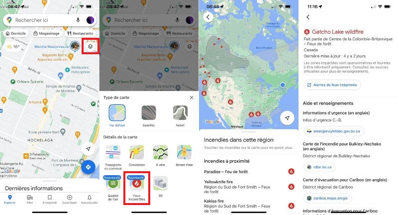 aper&ccedil;u de la fonction feux incontr&ocirc;l&eacute;s Google Maps