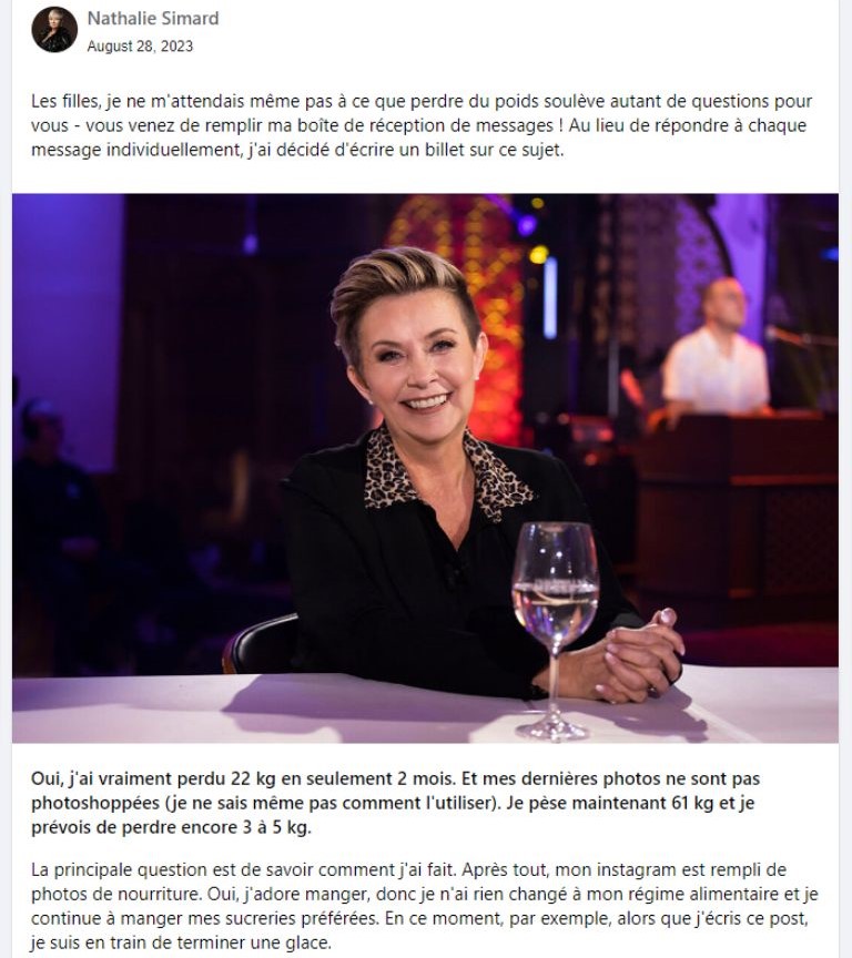 Un aperçu de la publication Facebook en question. apercu publication facebook frauduleuse Nathalie Simard