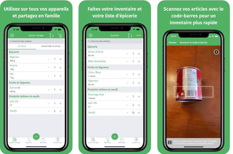 Des outils disponibles sur l’application Cuisine: Inventaire & recettes: partager en famille, scanner les articles pour faire un inventaire et une liste d’épicerie 3 des outils disponibles sur l'appli Cuisine