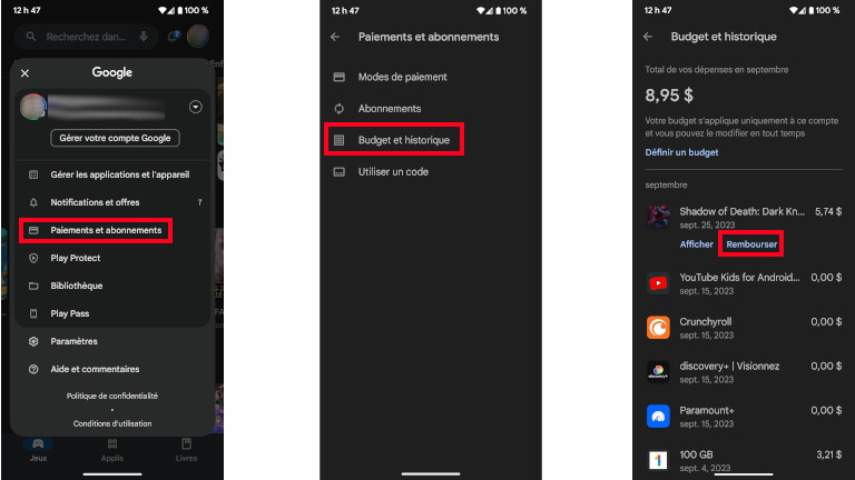 Demande remboursement Google Play Store