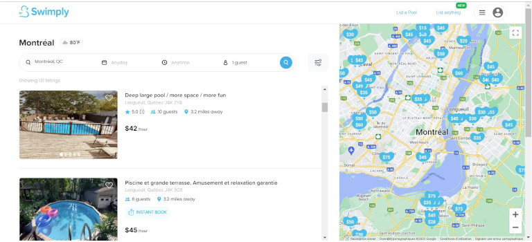 Avec Swimply nous pouvons voir les piscines disponibles près de chez soi. reserver piscine pres de chez soi carte detaillé