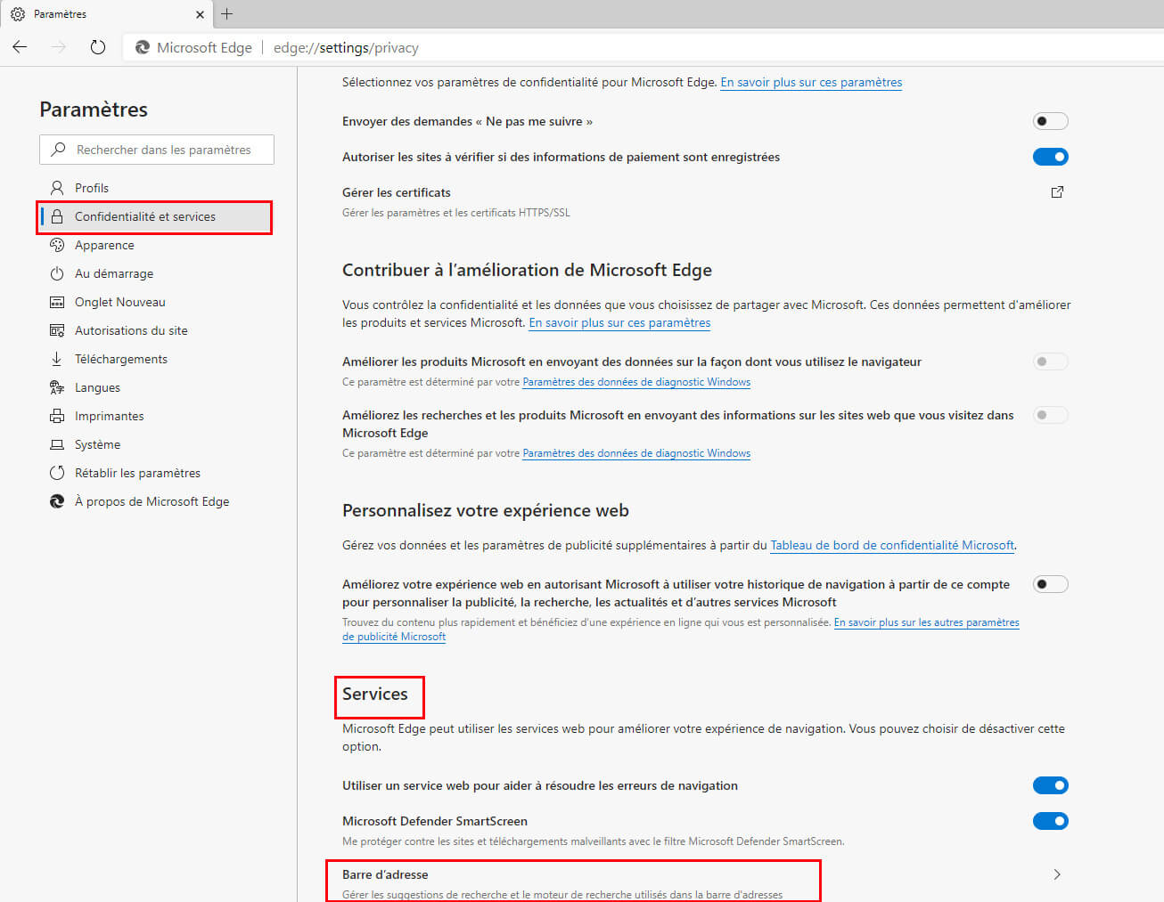 &eacute;tape deux changement moteur recherche microsoft edge
