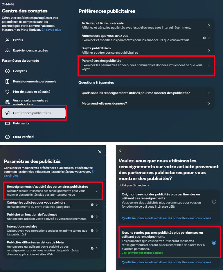 Meta désactiver activités en dehors Facebook ordinateur