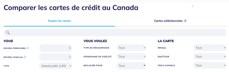 Un aperçu des différentes catégories à remplir pour recevoir les meilleures offres de cartes de crédit. aperçu sections remplir comparateur cartes crédit