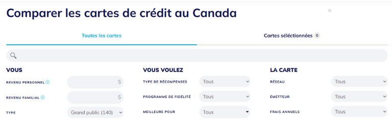 aperçu sections remplir comparateur cartes crédit