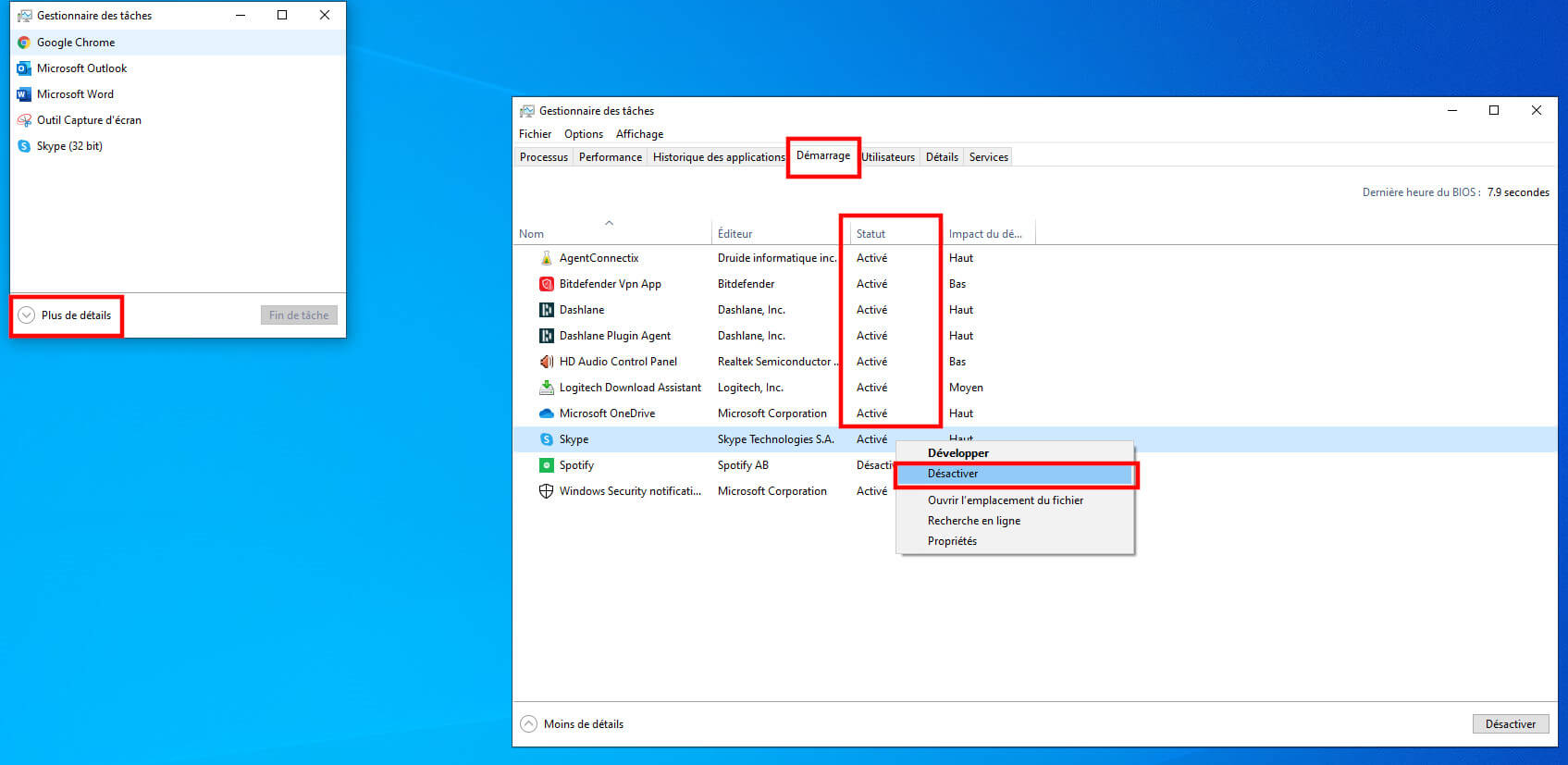 Gestionnaire de t&acirc;ches Windows D&eacute;marrage applications
