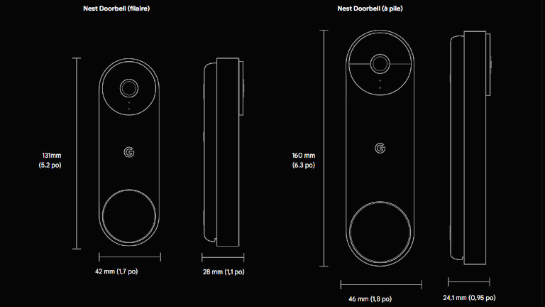 Voici les différences au niveau du format entre le modèle filaire et celui à batterie de la Google Nest Dorbell. Dimensions sonnettes Nest Doorbell