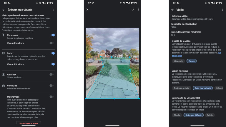 On peut jouer avec les paramètres de la Nest Doorbell pour déterminer les zones de détection, les enregistrements et les notifications. Paramètres Nest Doorbell